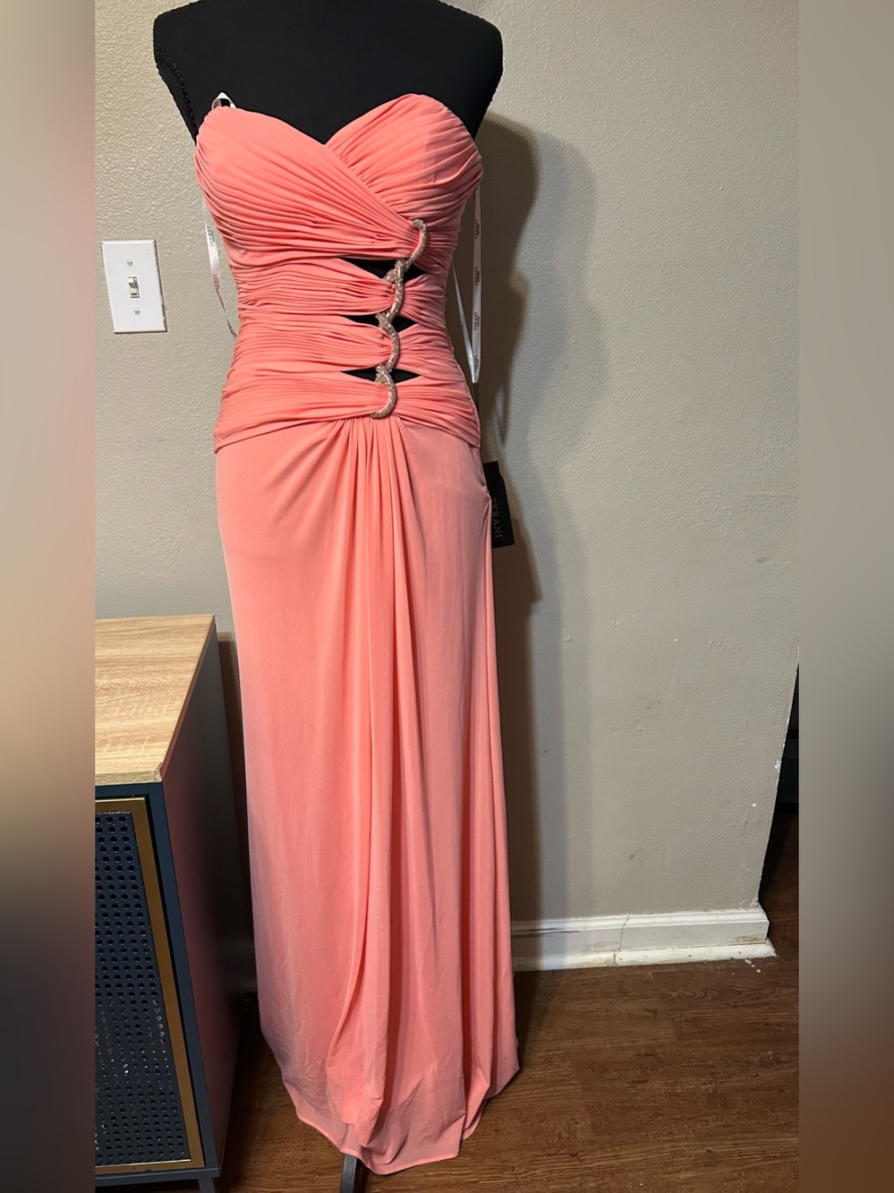 NWT Terani Couture Coral Strapless Cutout Rhinestone Prom Gown Size 4